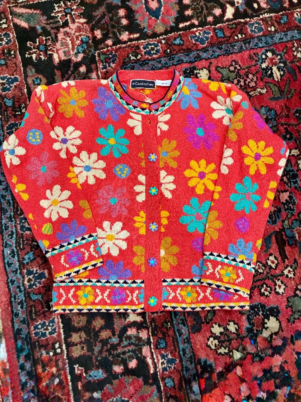Vintage Christine Foley Floral Cardigan Sweater 100% cotton